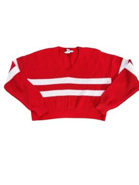 Women’s Forever 21 Red V-Neck Striped Knit Sweater Classic Casual EUC Size Med